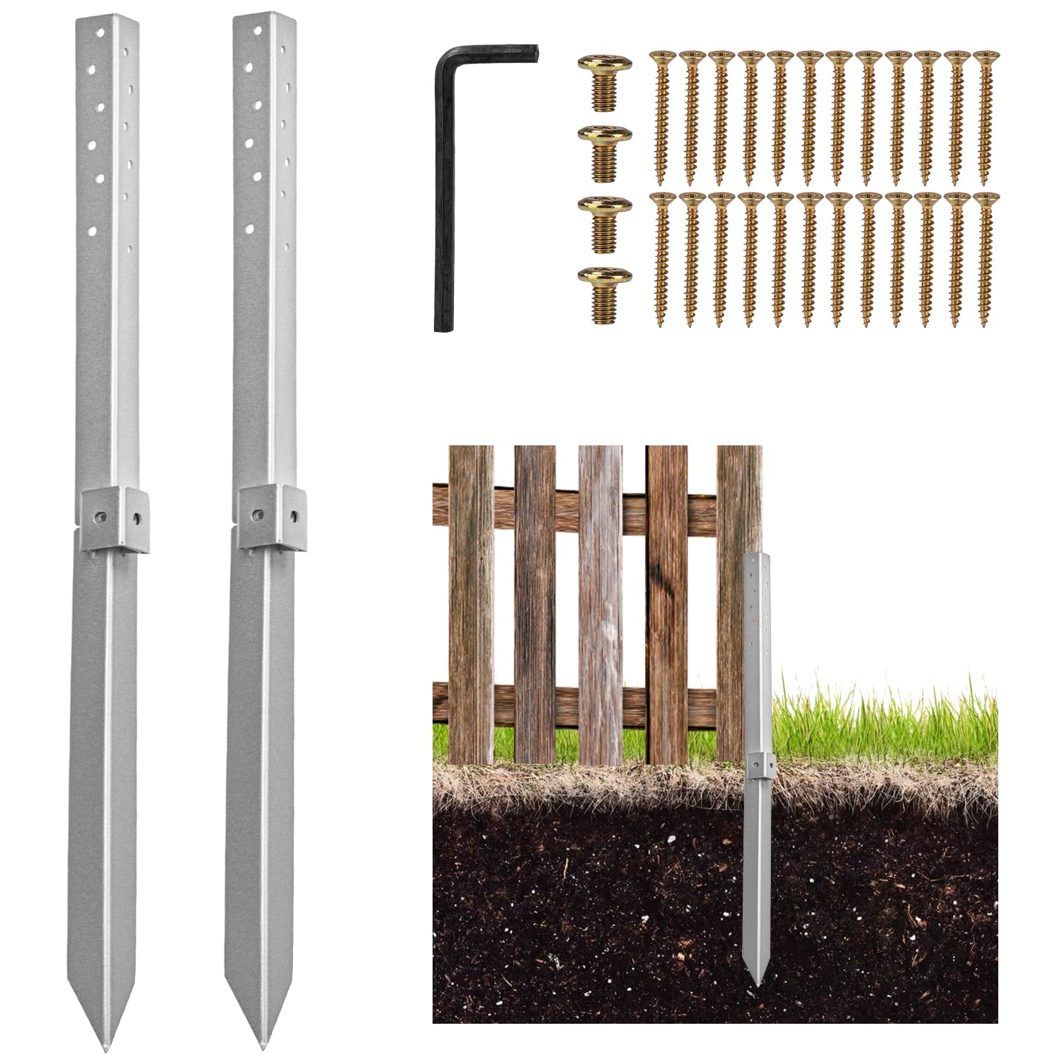 2PCS Fence Post Repair Kit, Fence Post Support Repair Kit, Heavy Duty Black Stainless steel Post Anchor Ground Spike,Repair Stakes for Tilted Broken Wood Support Set of 2 Black