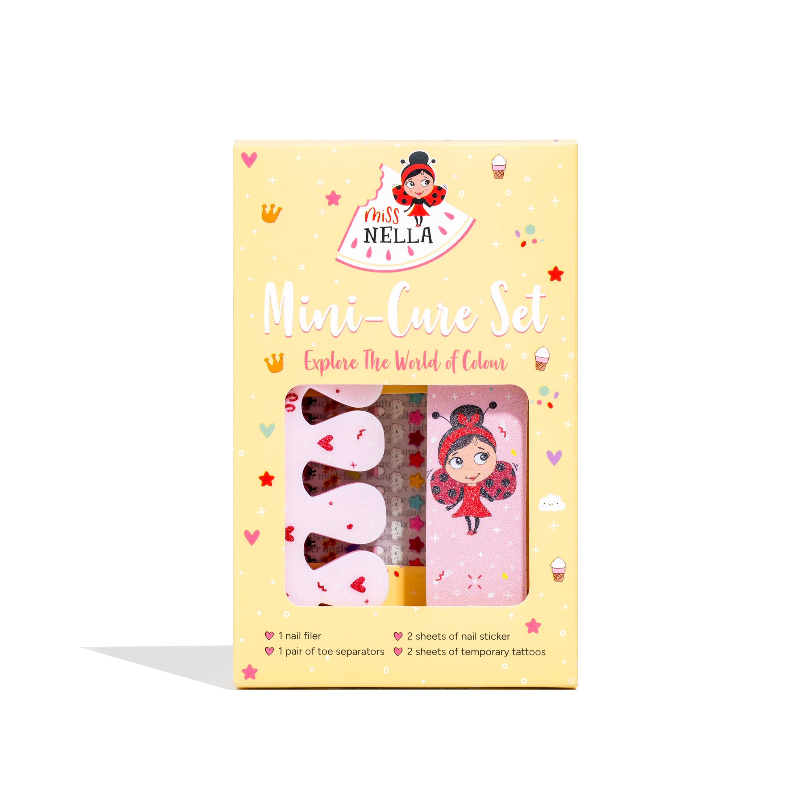 Miss Nella Mani-Cure- Nail Accessories Set for Kids- Stickers, Tattoos, Nail Filer & Toe separators- All Designed for Little Hands & Toes