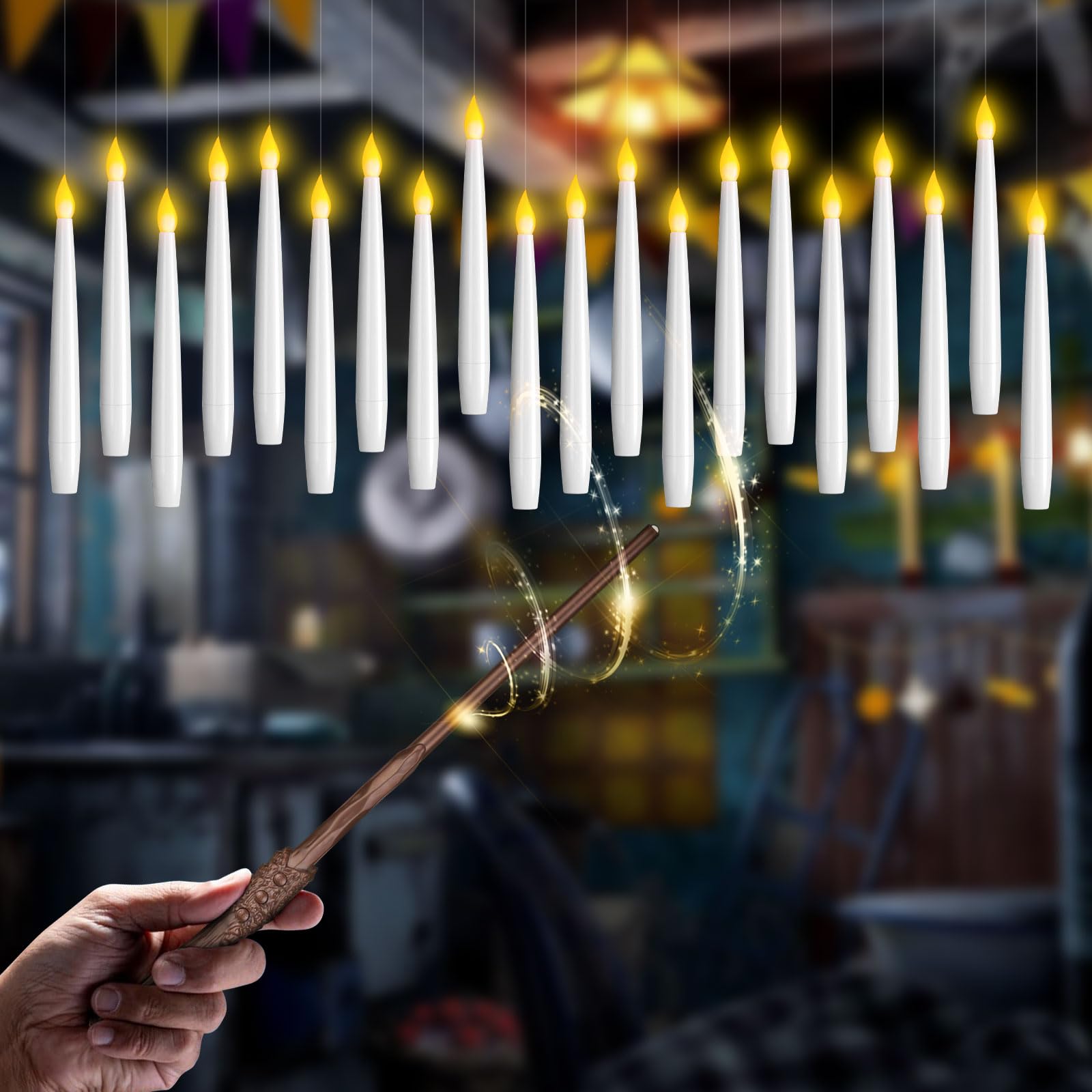 cimsfcor Floating Candles with Wand Remote, White Electirc Hanging LED Magic Candles, Flickering Warm Light LED Taper Candles for Home Halloween Christmas Decorations (20 Pcs)