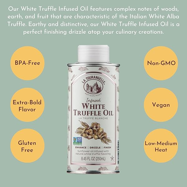 LA TOURANGELLE, WHITE TRUFFLE OIL, COMPLEX GOURMET EARTHY FLAVOR FOR DRIZZLING OVER PASTA, POPCORN, VEGETABLES, POTATOES, SOUP AND MORE, 8.45 FL OZ
