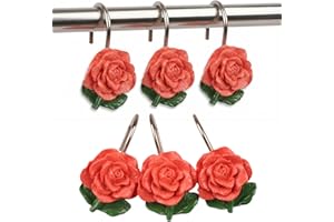 ZCHOMI 12PCS Pink Red Rose Floral Shower Curtain Hooks, Valentine's Day Decorative Curtain Hanger, Metal Rustproof Shower Cur