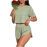 OYOANGLE Women's Two Piece Pajama Set Striped Print Crew Neck Short Sleeve Tee and Side Split Shorts Set Cute Pj Sets