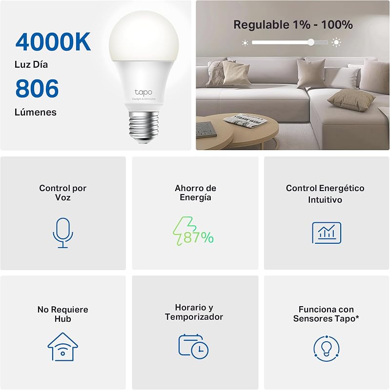 Tp-link tapo l520e - lâmpada led inteligente, lâmpada wifi sem necessidade de hub, branco neutro 4000k, regulável, e27, 8,7w/806lm, compatível com alexa, echo e google home