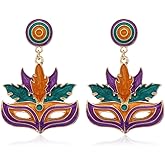 Mardi Gras Mask Hat Earrings for Women, Enamel Carnival Festival Drop Dangle Earrings, Purple Green Gold Party Statement Jewelry Gift