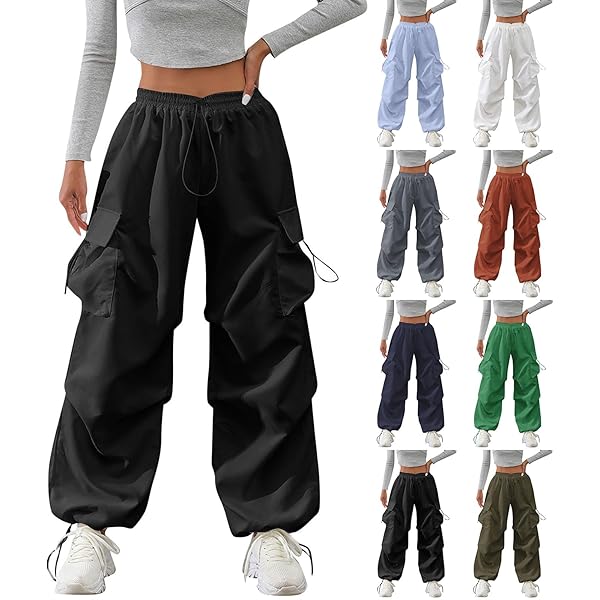Amazon.com: Parachute Pants Woman Drawstring Elastic High Waisted