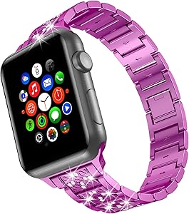 wootfairy Jewelry Bling Diamond Bands, Compatible with Apple Watch Band 38mm 40mm iwatch Series SE 6 5 4 3 2 1, Bling Stainless Steel Rhinestone iwatch Band Purple, 38mm/40mm