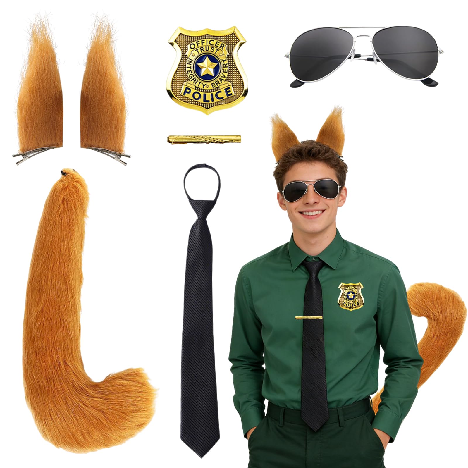 Atomvia Fox Costume Accessories 6 PCS, Fox Ears Clips Tail Tie Sunglasses Badge Set, Animal Fox Fancy Dress Up Cosplay Outfit for Halloween Carnival Party
