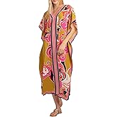 Cashew Flower Silk Caftan Women Vneck beach Cover up Caftans Loose Plus Size Floral Print Side Split Kaftan Dresses
