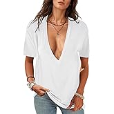 UNCLECAT Womens Deep V-Neck T Shirts Sexy Short Sleeve Tops Summer Oversized Tee