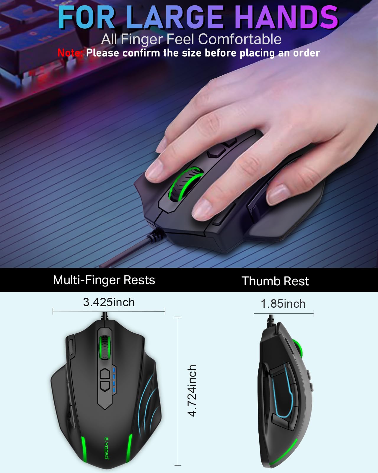E-YOOSO Wired Large Gaming Mouse, Big Gamer Mouse with Rapid Fire Button, 5 Side Buttons, 12400 DPI, 5 Backlit Modes, 11 Programmable Macro Shortcuts, Adjustable Weights, Comfort Grip for Windows