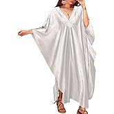 Bsubseach Women Solid Color Cover Up V Neck Batwing Sleeve Plus Size Beach Kaftan Dresses