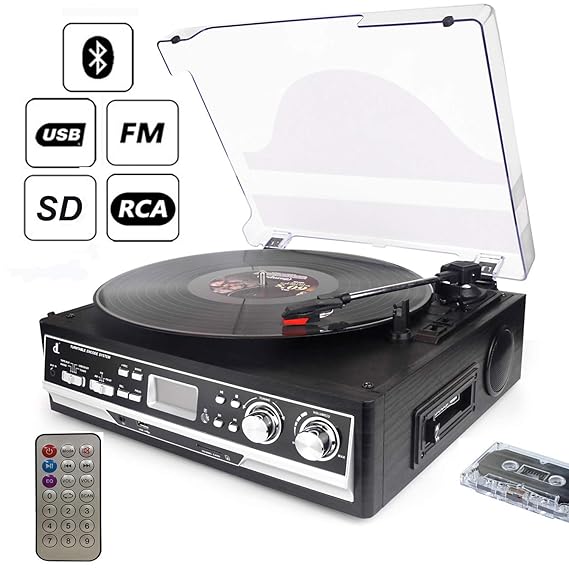 D & L 7-in-1-Plattenspieler mit Fernbedienung, Bluetooth, UKW-Radio und Kassettenspieler, 3-Geschwindigkeit 33/45/78 Vinyl-Pl