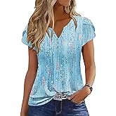 ETCYY Spring Tops for Women 2026 Trendy Summer Petal Short Sleeve T Shirts Trendy Striped Tunic V Neck Dressy Casual Blouse