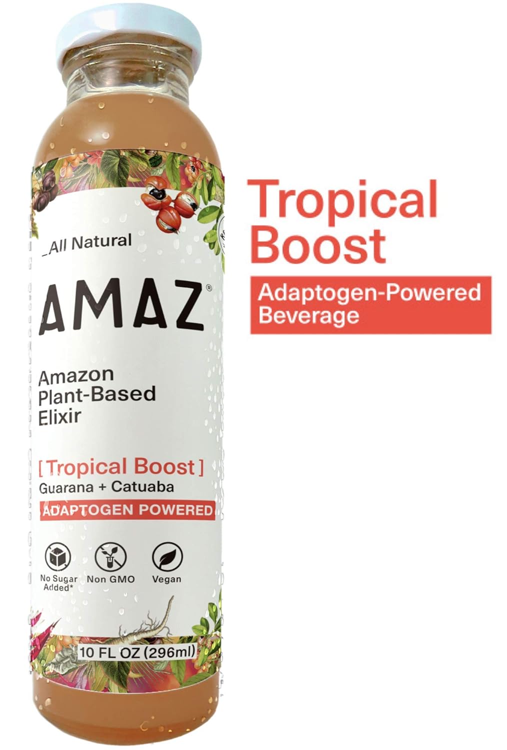 AMAZ Adaptogen Juice Drink with Guarana - Tropical Boost - Light, No Added Sugar, Non-GMO, Vegan, No Preservatives, All Natural - 10oz, 6-pack