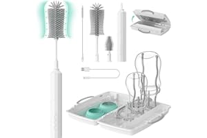 WAYIN 7 in 1 Electric Baby Bottle Brush Kit - Brush Handle Rotated 90°Design, Silicone Bottle Brush, Nipple Cleaner Brush, Straw Brush, Drying Rack for Home and Travel Better Cleaning