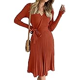 ZESICA Women's Spring Long Sleeve Wrap V Neck Ribbed Knit Pleated A Line Pullover Sweater Dress with Belt