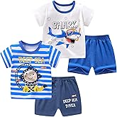 NautySaurs Toddler Boys 4 Pieces T-shirts and Shorts Summer Outfit Striped Shirt Short Set