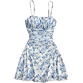 SHENHE Girl's Floral Ruched Spaghetti Strap Sundress Mesh A Line Flowy Boho Mini Dress