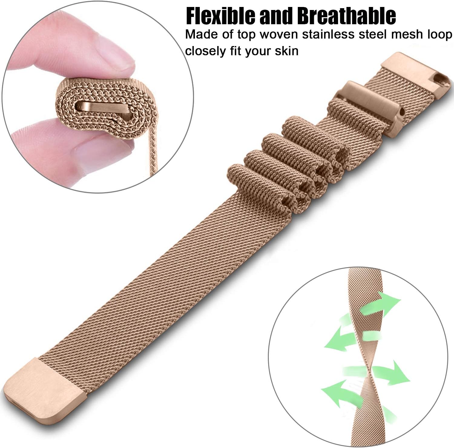 Morsey Compatible with Samsung Galaxy Watch (42mm)/Galaxy Watch Active/Active2 Bands, 20mm Stainless Steel Mesh Loop Replacement Bracelet Strap for Galaxy Watch 42mm/Gear Sport Smartwatch (Rose gold)