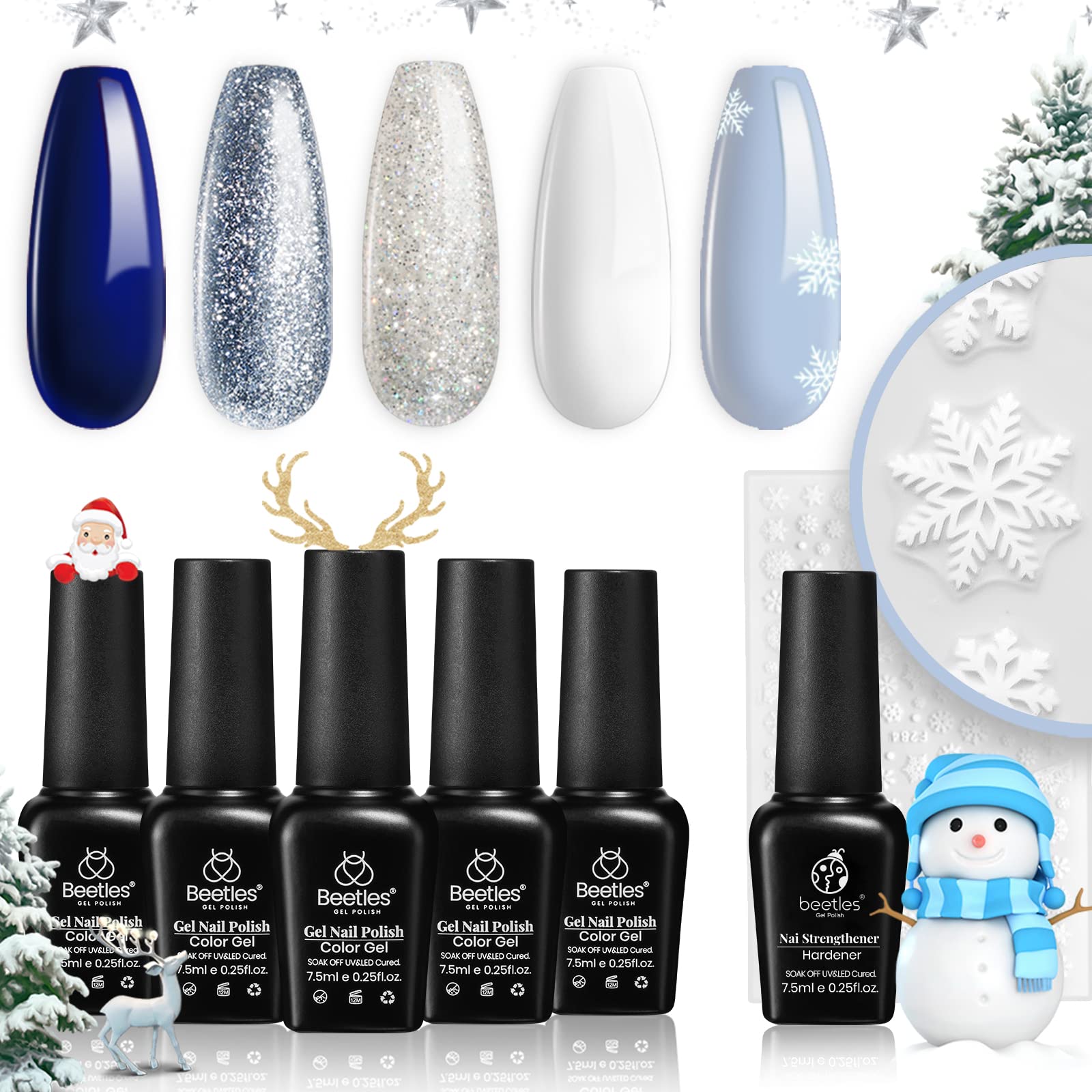 Beetles 6 Pcs Gel Nail Polish Set- 5 Colors Glitter White Blue Silver Gel Polish Kit with Strengthener Reinforcement Nail Sticker Snowflakes Soak off UV LED Lamp Winter Manicure Gift