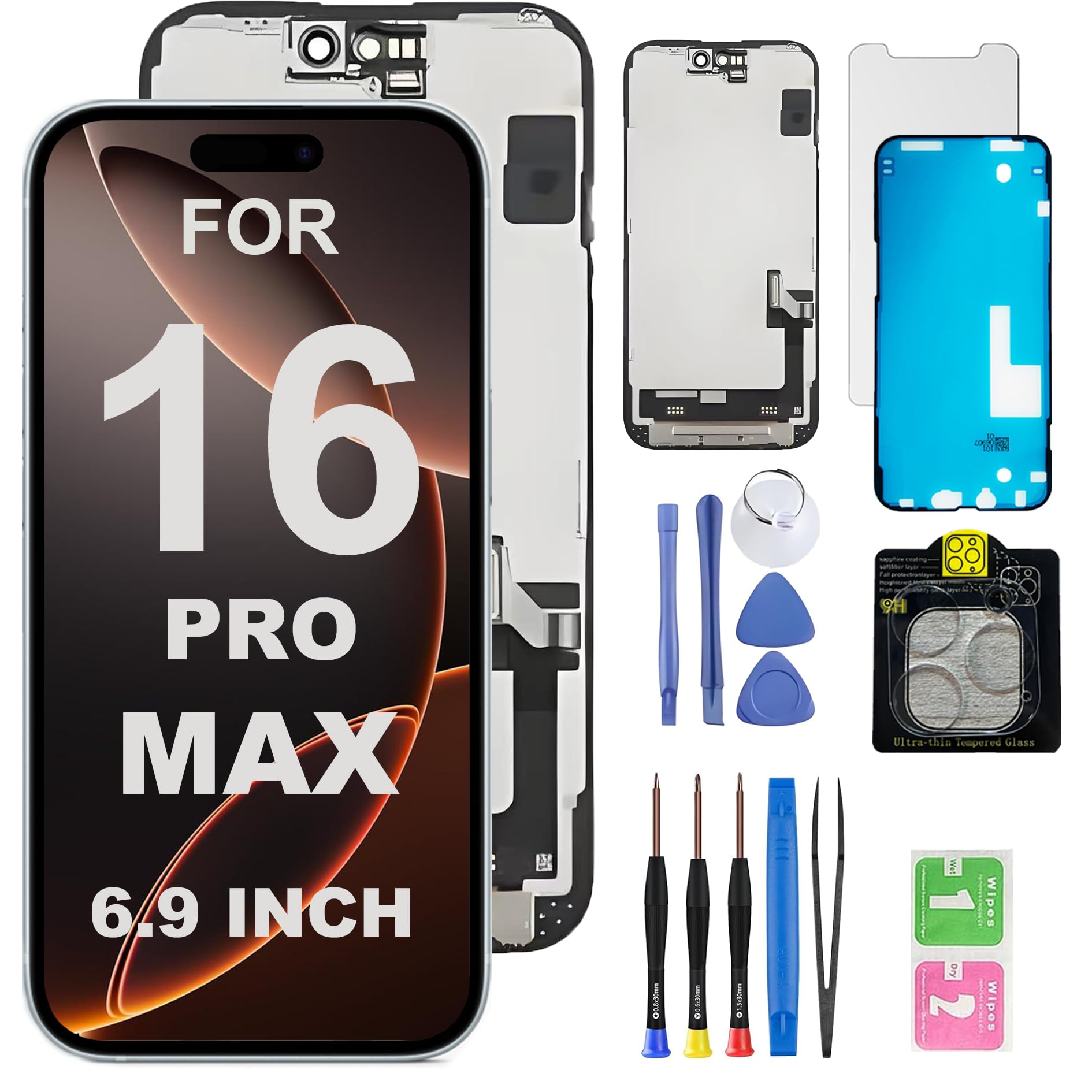 HQESTARX for iPhone 16 Pro Max Screen Replacement.6.9Inch[LCD] Display.80HZ 3D Touch LCD digitizer Assembly for (A3084,A3295,A3296,A3297) with Repair Tools，Lens Cap, Waterproof Membrane