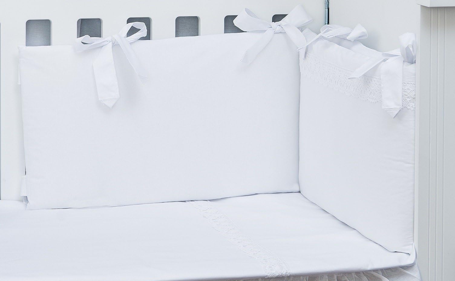 Vizaro - Cot Bumper (Removable with Zipper), Duvet Cover and Pillow Case - 3 Pieces Set for Cot 60x120 cm - Pure Cotton - Made in EU - OekoTex - C. White Lace
