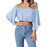 KIFOVEN Women’s Off Shoulder Crop Top 3/4 Flowy Sleeve Ruched Casual Summer Blouse Shirt