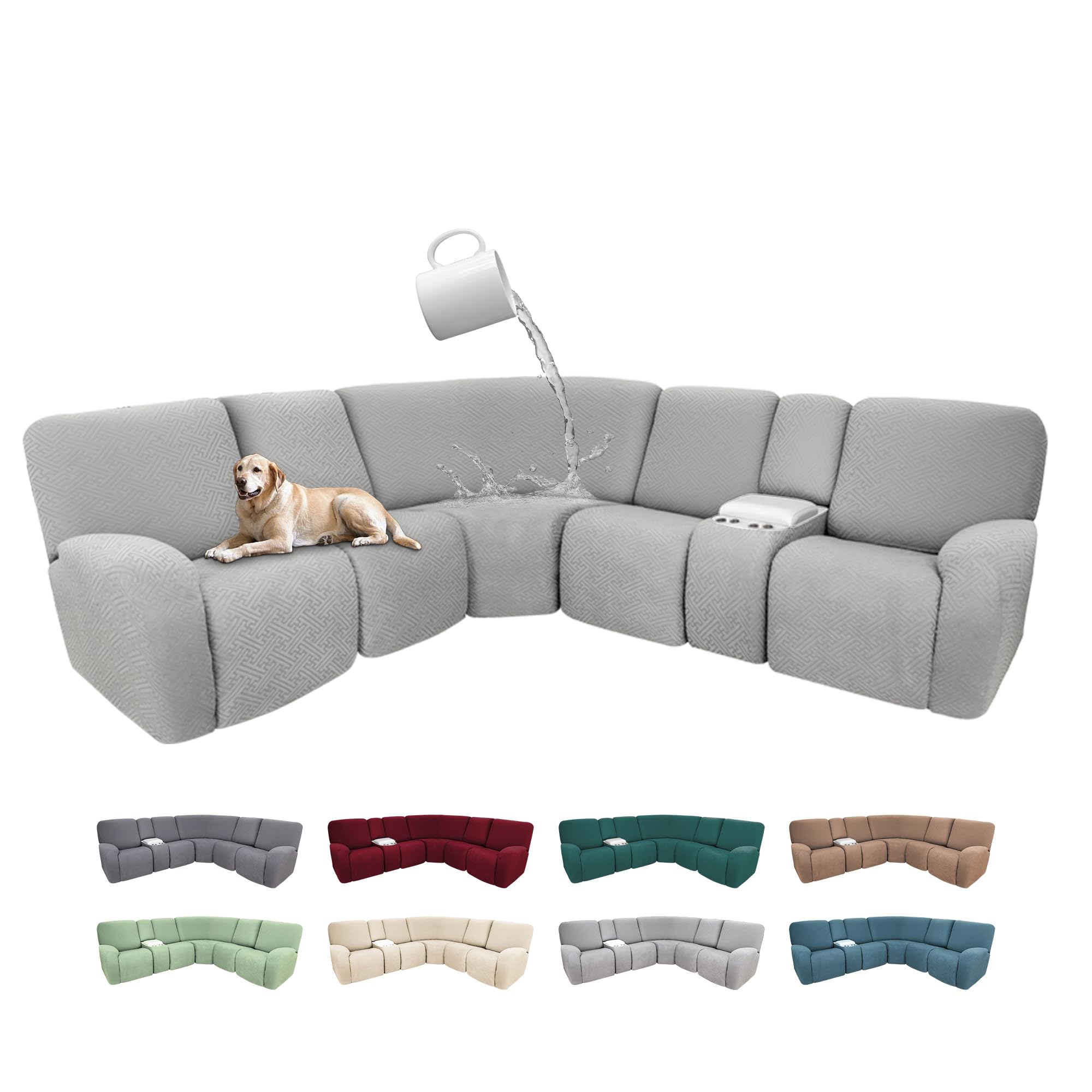 Photo 1 of ROFASVCO 100% Waterproof Sectional Recliner Couch Covers for Reclining Couch L Shaped Corner Sectional Sofa Cover Jacquard Stretch L Shape Recliner Slipcovers (5 Seater 1 Console Cover, Cloud Grey)