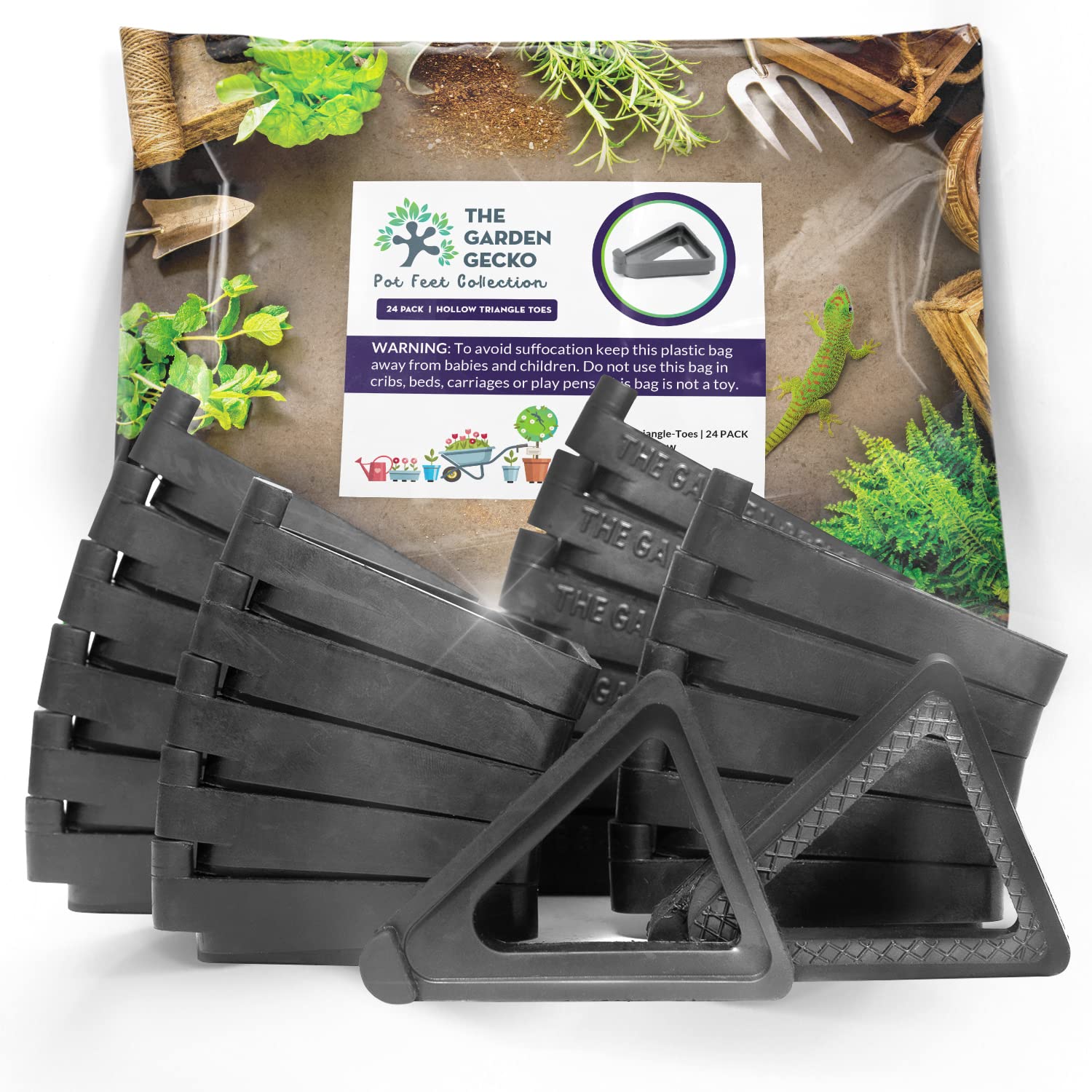 The Garden Gecko Pot feet for outdoor plant pots and flowers, SOLID EPDM RUBBER pot risers with a custom non-slip surface grip | 24 Triangle Hollow Pot-Toe Pcs