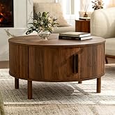 ZttRiee Round Coffee Table with Sliding Doors, Mid-Century, Walnut | &Oslash;30.0"D x 16.3"H, 200 lbs capacity, dual sliding-door storage, ~45 min assembly
