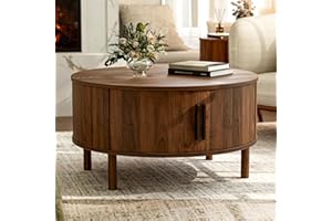 ZttRiee Coffee Table for Living Room, Modern Round Coffee Table with Cabinets & Sliding Doors, Home Small Space, 29.9" Fluted Center Table, Walnut