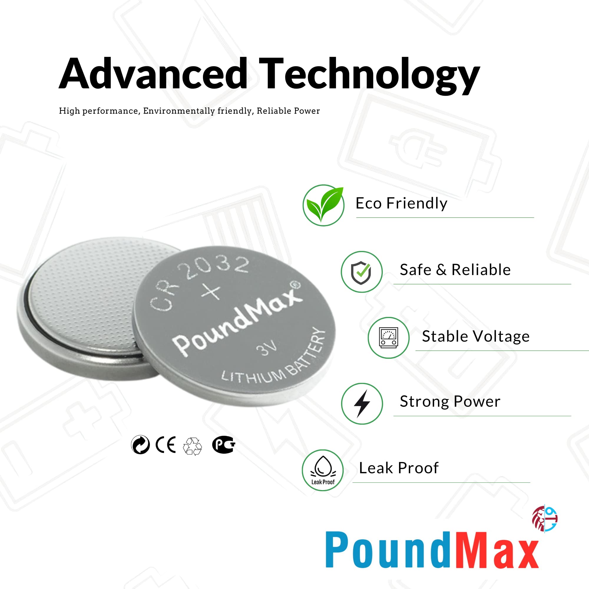 PoundMax CR2032 Lithium Coin Cell Battery, Compatible with AirTag, 3V Long-Lasting Reliable Power for Watches, Calculators, Electronic Toys - Leak-Proof BR2032 DL2032 EA2032 ECR2032 KCR2032 (5 Pack)