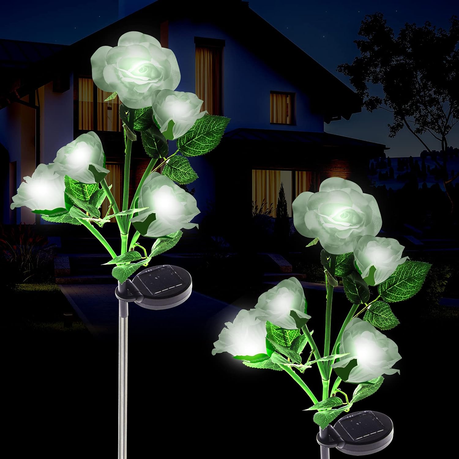 Outdoor Solar Garden Rose Lights, Upgraded LED Solar Powered Light with 5 Rose Flowers, Waterproof Solar Decorative Stake Lights for Garden Pathway Backyard Christmas Decoration Parties (White)
