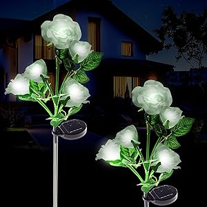 Outdoor Solar Garden Rose Lights, Upgraded LED Solar Powered Light with 5 Rose Flowers, Waterproof Solar Decorative Stake Lights for Garden Pathway Backyard Christmas Decoration Parties (White)