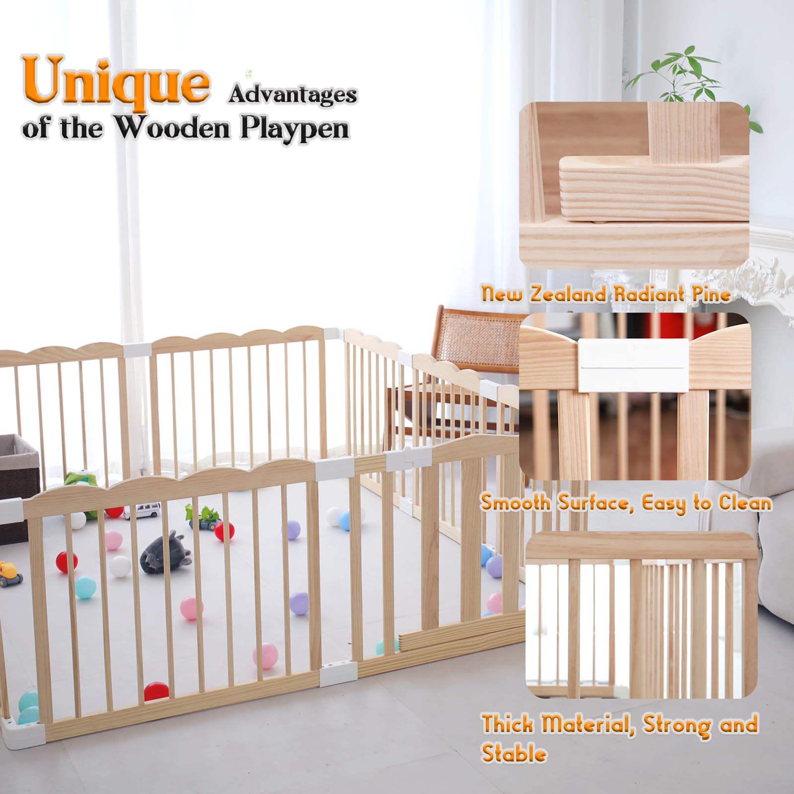 Baby Playpen, Wooden Playpen for Babies and Toddlers, Large Adjustable Wooden Baby Playard with Locking Gate, Easy to Assemble, Portable Play Pen, Infant Play Pen Play Area(47x62x24 Inch)