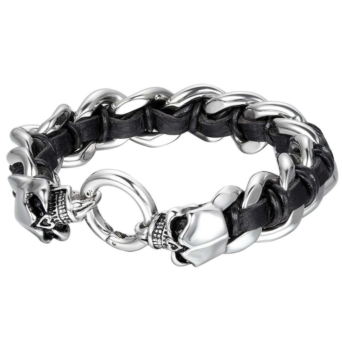 Cupimatch Men's Stainless Steel Biker Skull Leather Curb Chain Interwoven Bracelet, 8.7 Inch