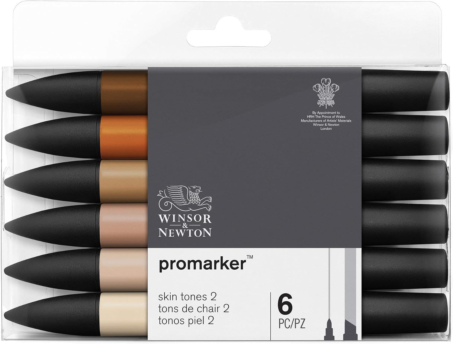Winsor & Newton, Promarker, Skin Tones II, Set of 6, Alcohol Based Dual Tip Marker, Skin Tones 2, 6 count (Pack of 1)