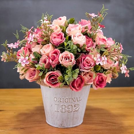Amazon バラ 造花 花束 人工観葉植物 おしゃれ かわいい フラワー 花瓶付き インテリア 母の日 プレゼント お祝い 店飾り ピンク 造花 オンライン通販