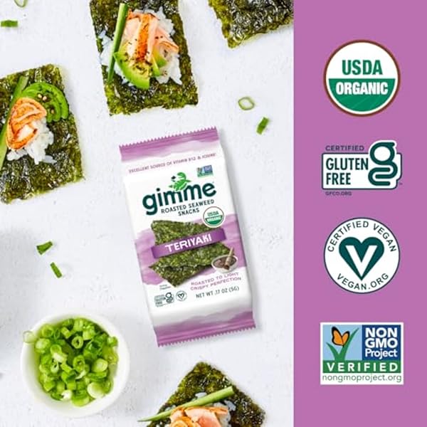 GIMME SEAWEED ORGANIC PREMIUM ROASTED SEAWEED SNACKS, TERIYAKI, 6 COUNT, KETO, VEGAN, GLUTEN-FREE, GREAT SOURCE OF OMEGA3S AND IODINE, HEALTHY ON-THE-GO SNACK FOR KIDS AND ADULTS