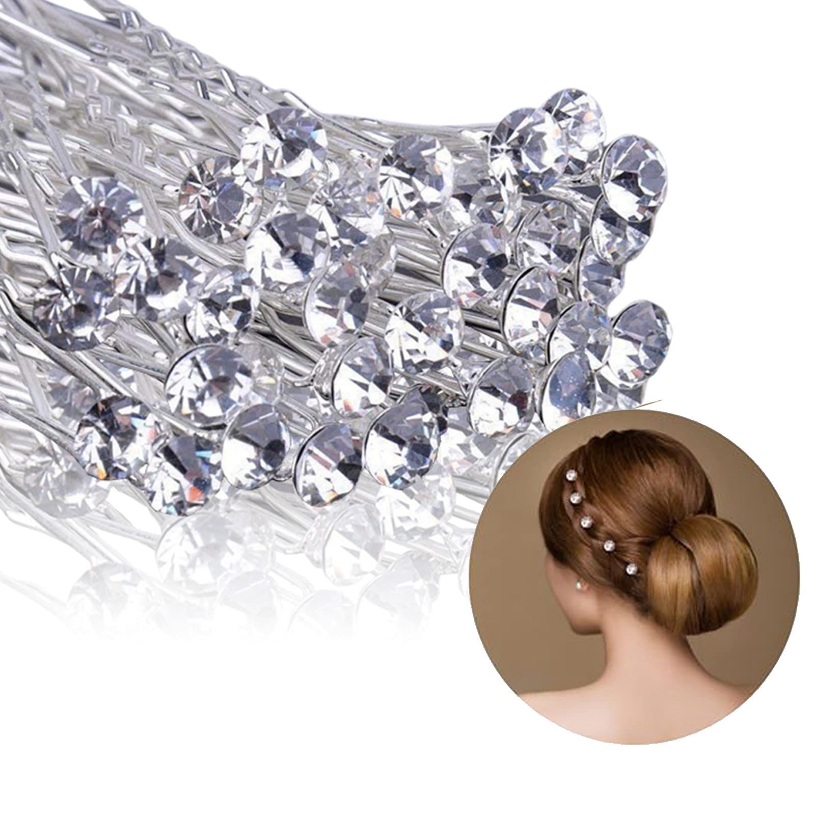 40 Pack Wedding Bridal Rhinestone Hair Pins Clips, Diamante Pins Bobby Grips Flower Crystal Hair Styling Accessories Silver