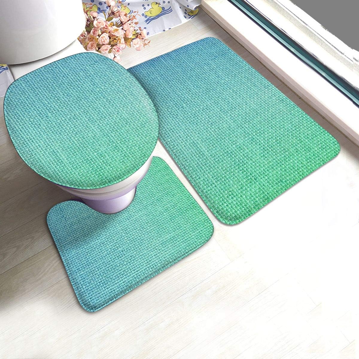 Amazon Com Yunshm Ombre Shaded Tropical Ocean Turquoise Blue Burlap Bathroom Rugs Carpet Mats U Shaped Toilet 3 Piece Bath Mat Set Non Slip For Indoor Contour Rug Personalized Home Kitchen