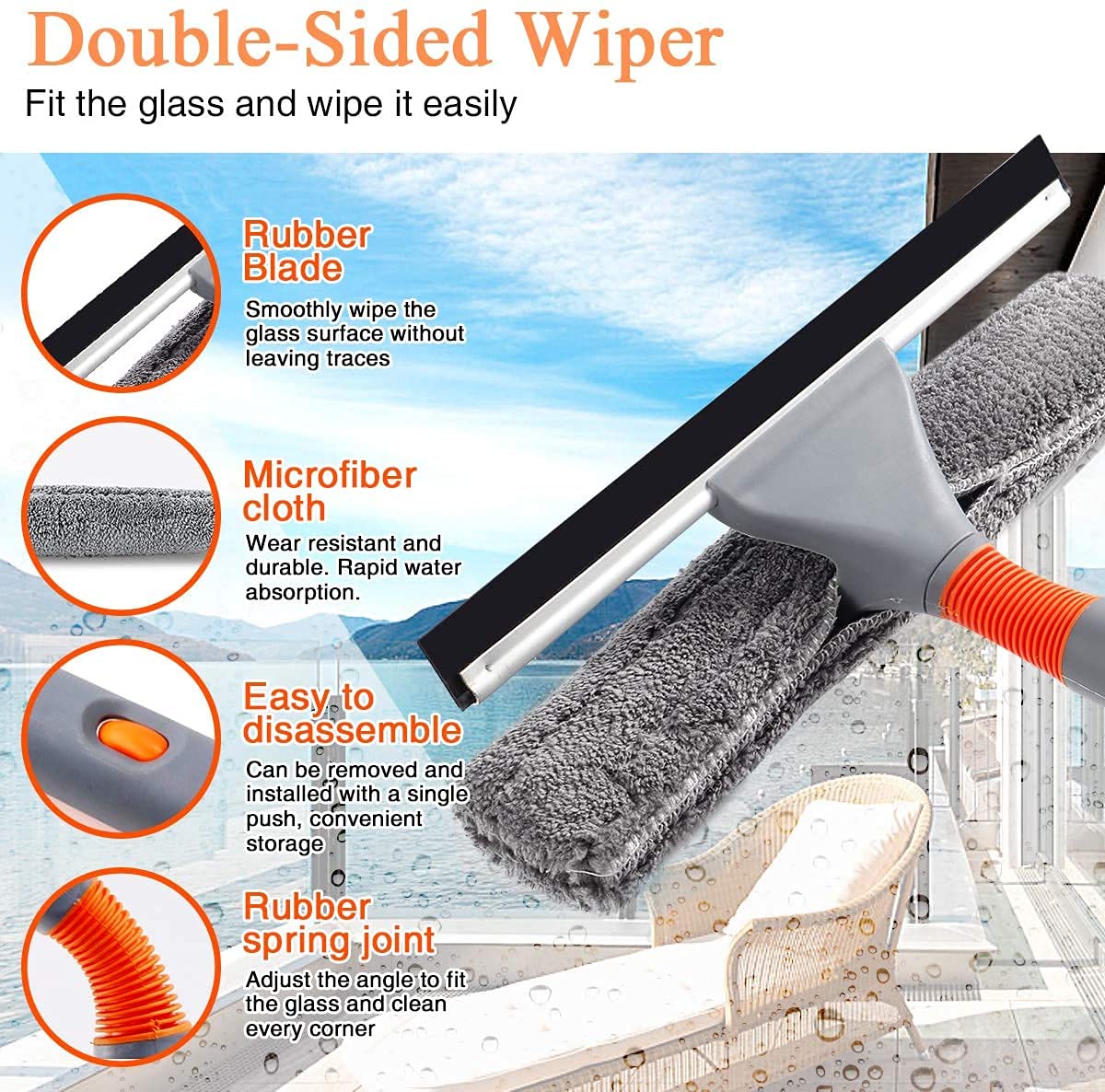 Baban Window Squeegee Cleaner, 2 in 1 Window Cleaning Tool with Elbow and Straight Extension Pole, 61'' Telescopic Window Washing Equipment with Bendable Head for Car Glass Indoor Outdoor High Windows