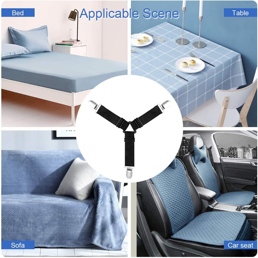 HZAZF 4PCS Bed Sheet Holder Straps, Upgraded Triangle Bed Sheet Fasteners, Elastic Adjustable Bed Sheet Straps with Heavy Duty Grippers Clips (Black): Home & Kitchen