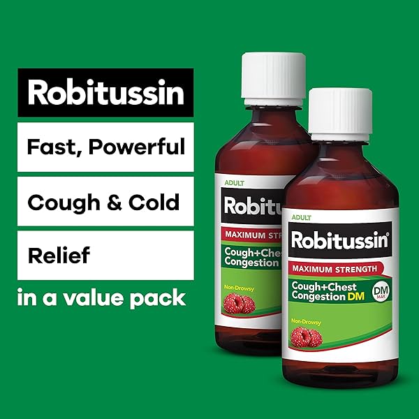 ROBITUSSIN ADULT MAXIMUM STRENGTH COUGH PLUS CHEST CONGESTION DM MAX, COUGH SUPPRESSANT AND EXPECTORANT, RASPBERRY FLAVOR, 8 FL OZ X 2