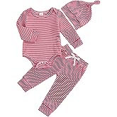 fhutpw Baby Boy Clothes 3 6 9 12 Months Striped Long Sleeve Romper Tops + Pants + Hat 3Pcs Infant Fall Winter Bodysuit Outfit