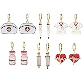 Just Follow 6 Pairs Nurse Day Stethoscope Heart Shape Dangle Hoop Huggie Earrings Cute Medicine Pills Earring For Women Set