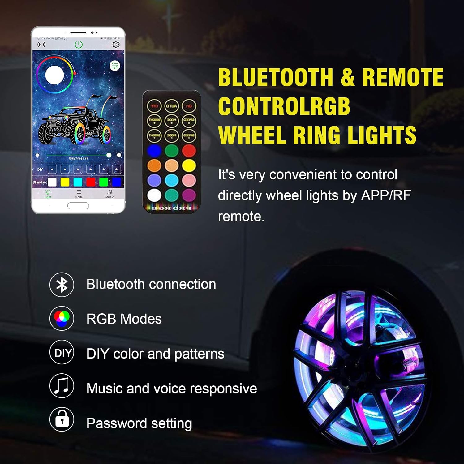 Safego RGB Wheel Ring Lights 4Pcs 15.5inch 288LEDs Multiple Dream Color Rim Lights Tire Lights Controlled By Remote and Blue-Tooth Compatible with Most Cars, Trucks, SUV ATV (Single Side): Automotive