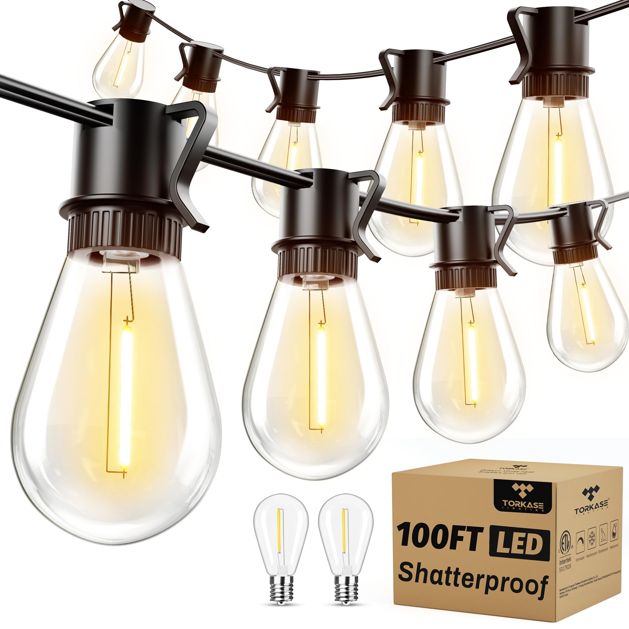 Photo 1 of Torkase 100FT Outdoor String Lights LED, 30+2 S14 Shatterproof Bulbs, Dimmable Patio Lights, IP54 Waterproof Connectable for Pergola Lighting, Backyard, Porch,Weddings, Cafe, Party
