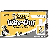 BIC Wite-Out Quick Dry Correction Fluid, 20 mL, White, Goes On Easy with A Reduced Dry Time, 3-Count Pack