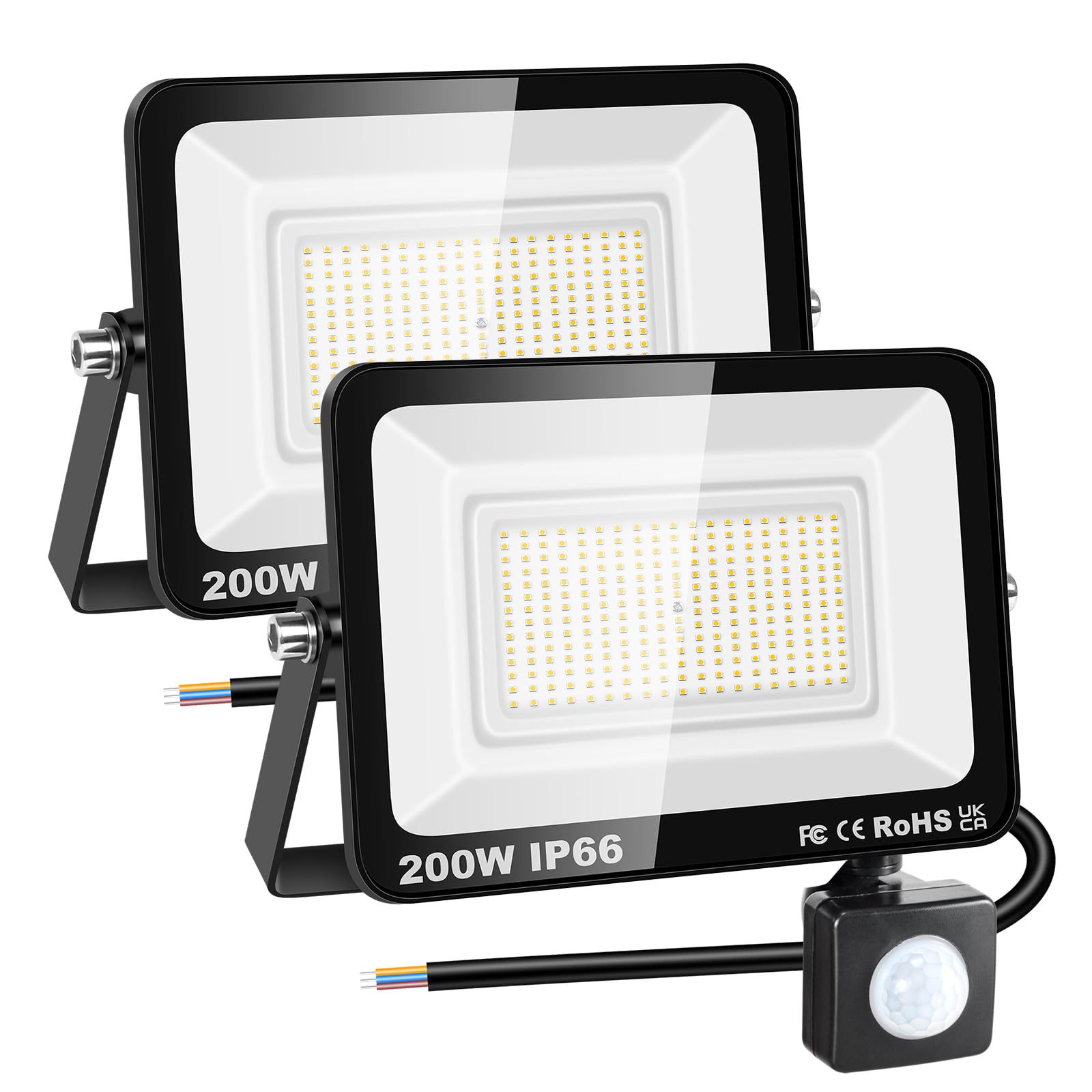 RIGIDON 2 Pcs PIR Motion Sensor Outdoor Security Light, 200W 20000 Lumens Outside Led Floodlight, Daylight Warm White Wall Light for Garden Garage Backyard Patio House Doorway, IP66 Waterproof 3000K